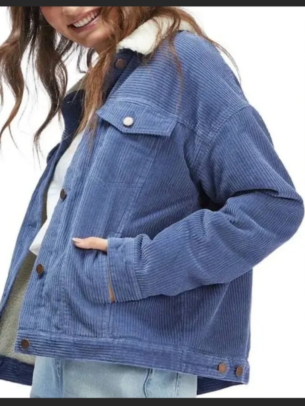 Roxy Size Small Blue Corduroy Sherpa Lined Jacket Slouchy Oversized Trucker